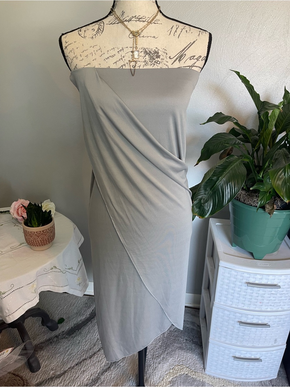 Gray Strapless Draped Midi Dress Asymmetrical Ruched Y2K Cocktail Size M